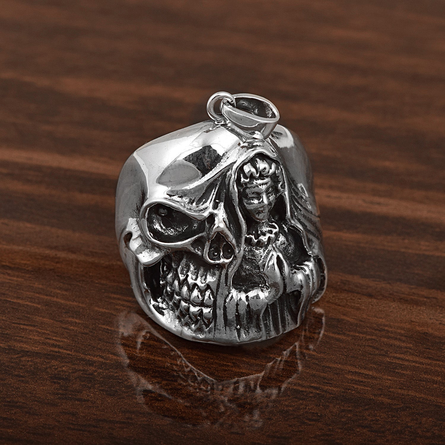 Collana religiosa da uomo in argento massiccio 925 con ciondolo a forma di teschio raffigurante la Santa Madre