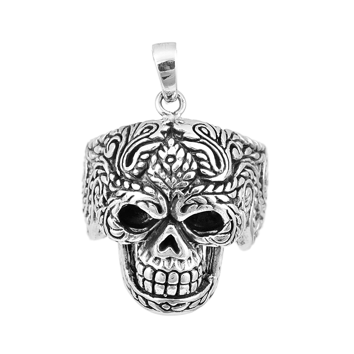 Ornate Skull Gothic Tribal Design Pendant - Sterling Silver