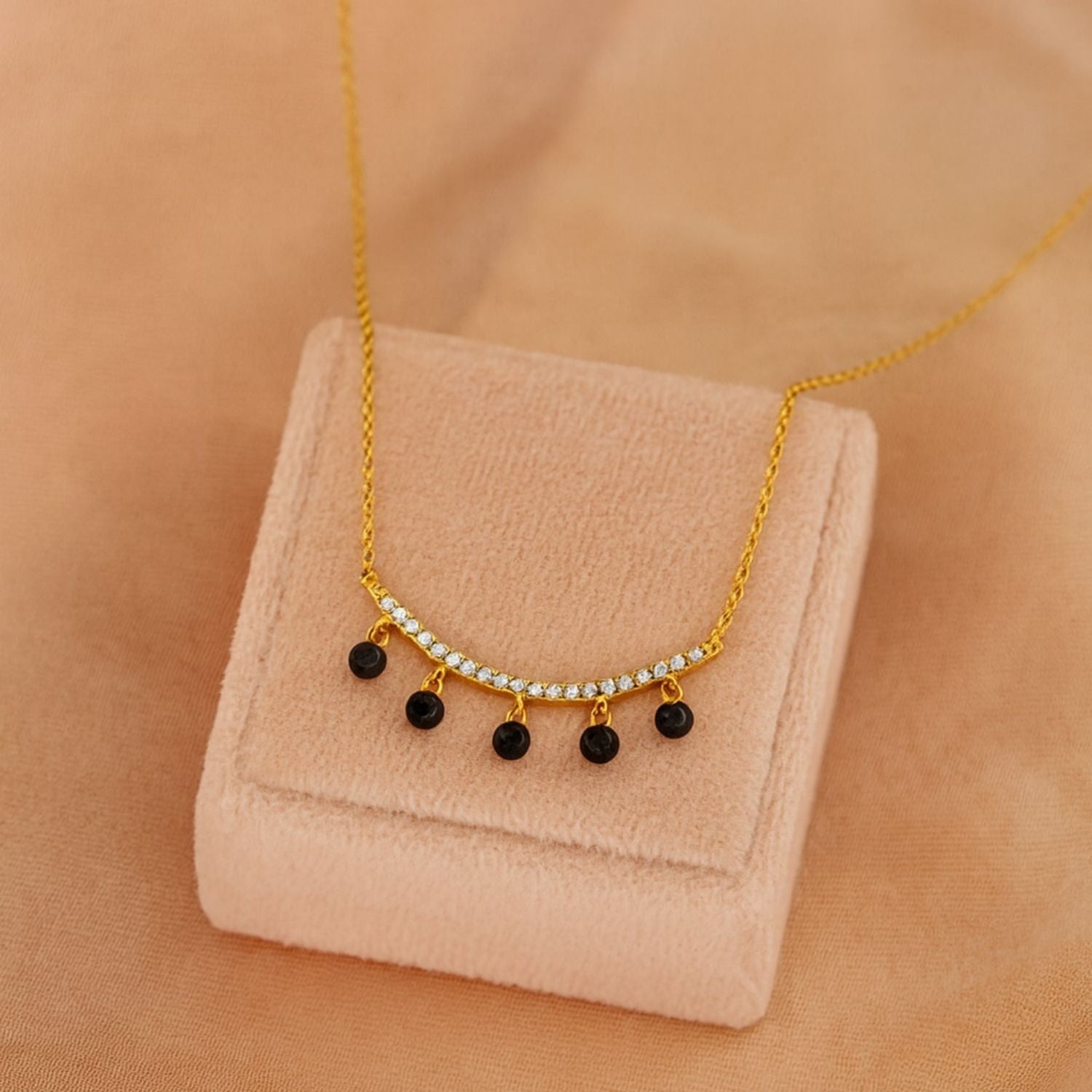 Curved Bar Hanging Black Beads Mangalsutra – Sterling Silver Gold Plated