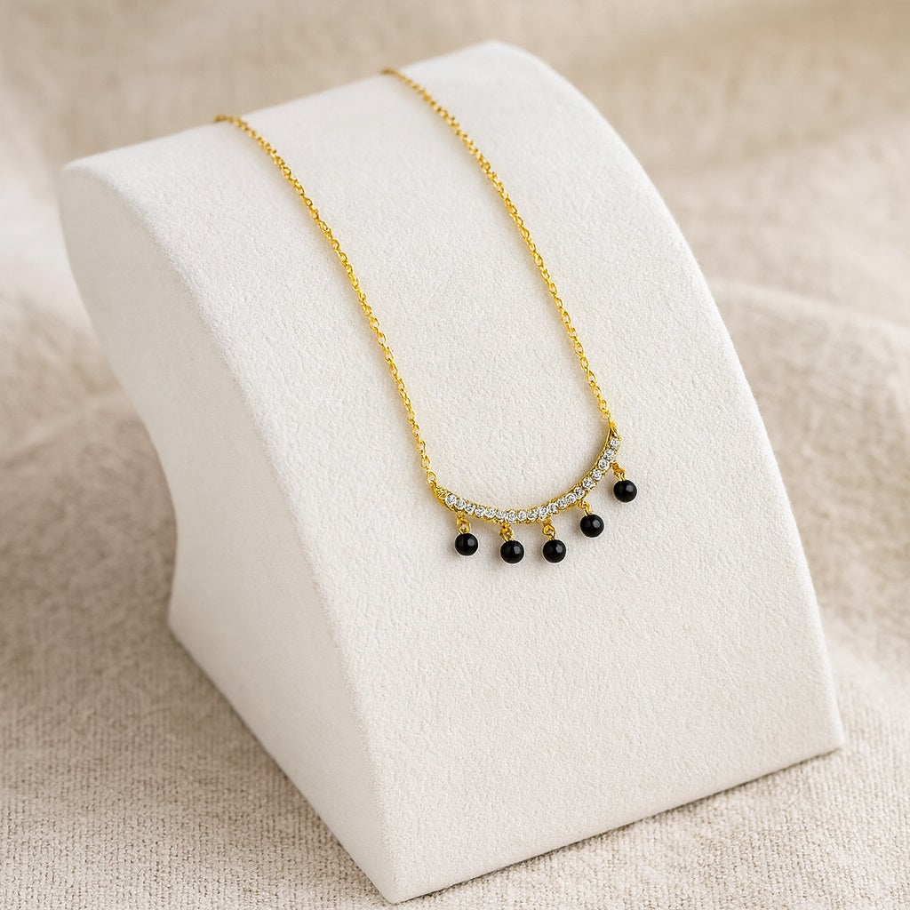 Curved Bar Hanging Black Beads Mangalsutra – Sterling Silver Gold Plated
