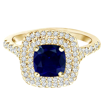 Art Deco Cushion Cut Blue Sapphire Double Halo Wedding Ring With Diamond Accents Ring in 9k Yellow Gold