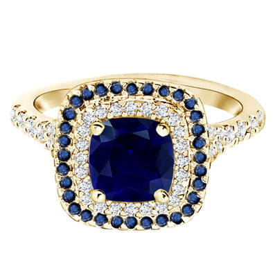 2.0 Cts Cushion Cut Blue Sapphire Double Halo Engagement Ring in 9k Yellow Gold