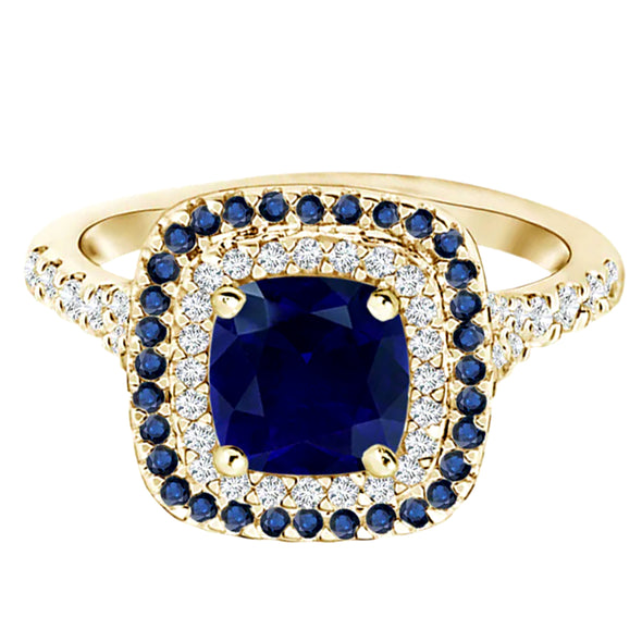 2.0 Cts Cushion Cut Blue Sapphire Double Halo Engagement Ring in 9k Yellow Gold