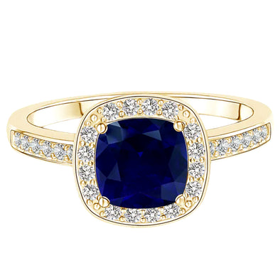 9k Yellow Gold Ring Cushion Cut Blue Sapphire Engagement Ring With Solitaire Accents Ring