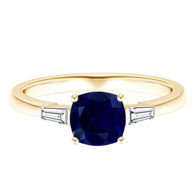 Cushion Shaped Blue Sapphire 9k Yellow Gold Wedding Ring With Baguette White Diamond Ring