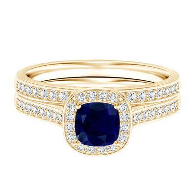 9k Yellow Gold Classic Blue Sapphire Bridal Ring Unique White Diamond Engagement Ring