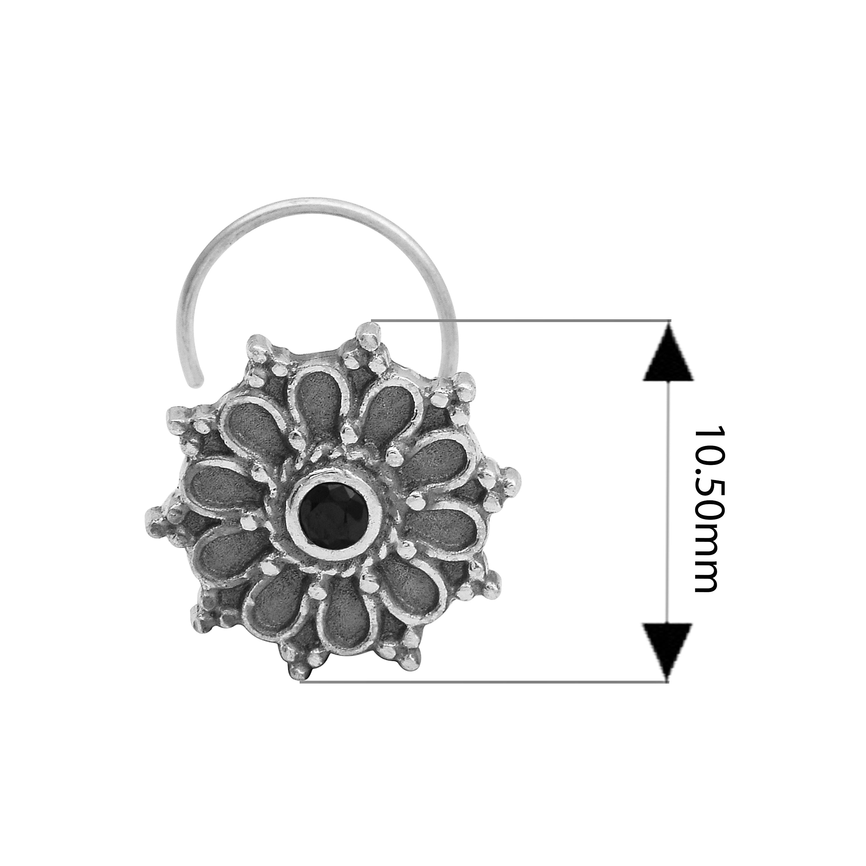 Perno da naso floreale con pietra nera e design a cerchio - Argento Sterling