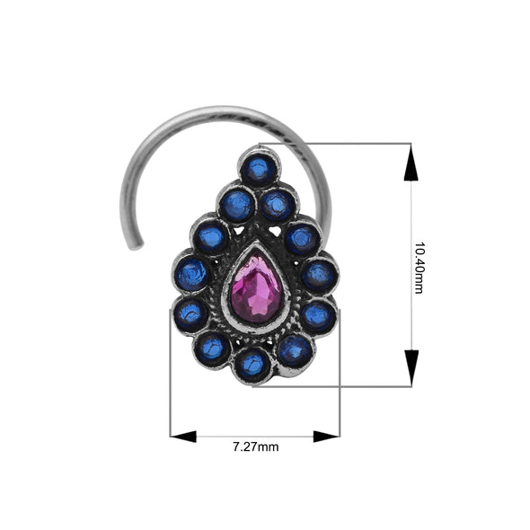 Pear Shaped Pink Blue Cz Oxidized Nose Pin Vintage Indian Traditional Nose Pin