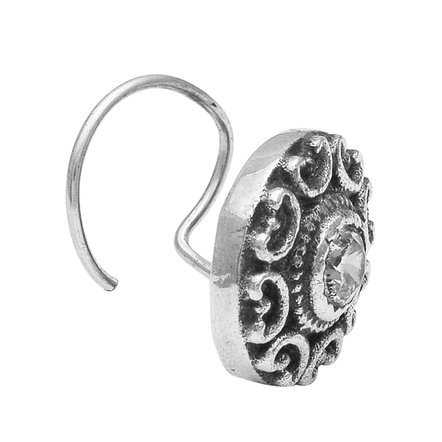 White Gemstone Nose Pin Vintage Embossed Design - Sterling Silver