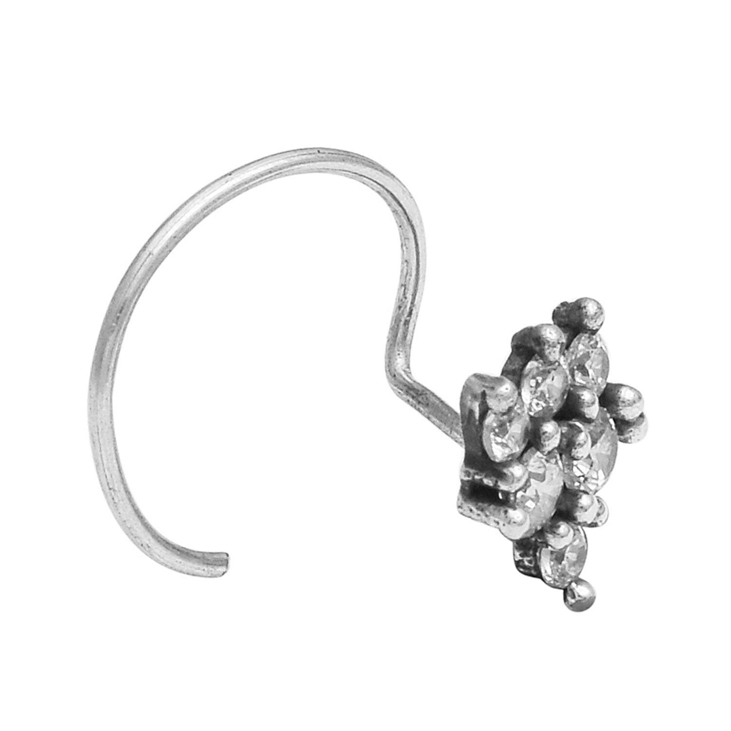 White Gemstone Oxidized Cluster Nose Pin - Sterling Silver