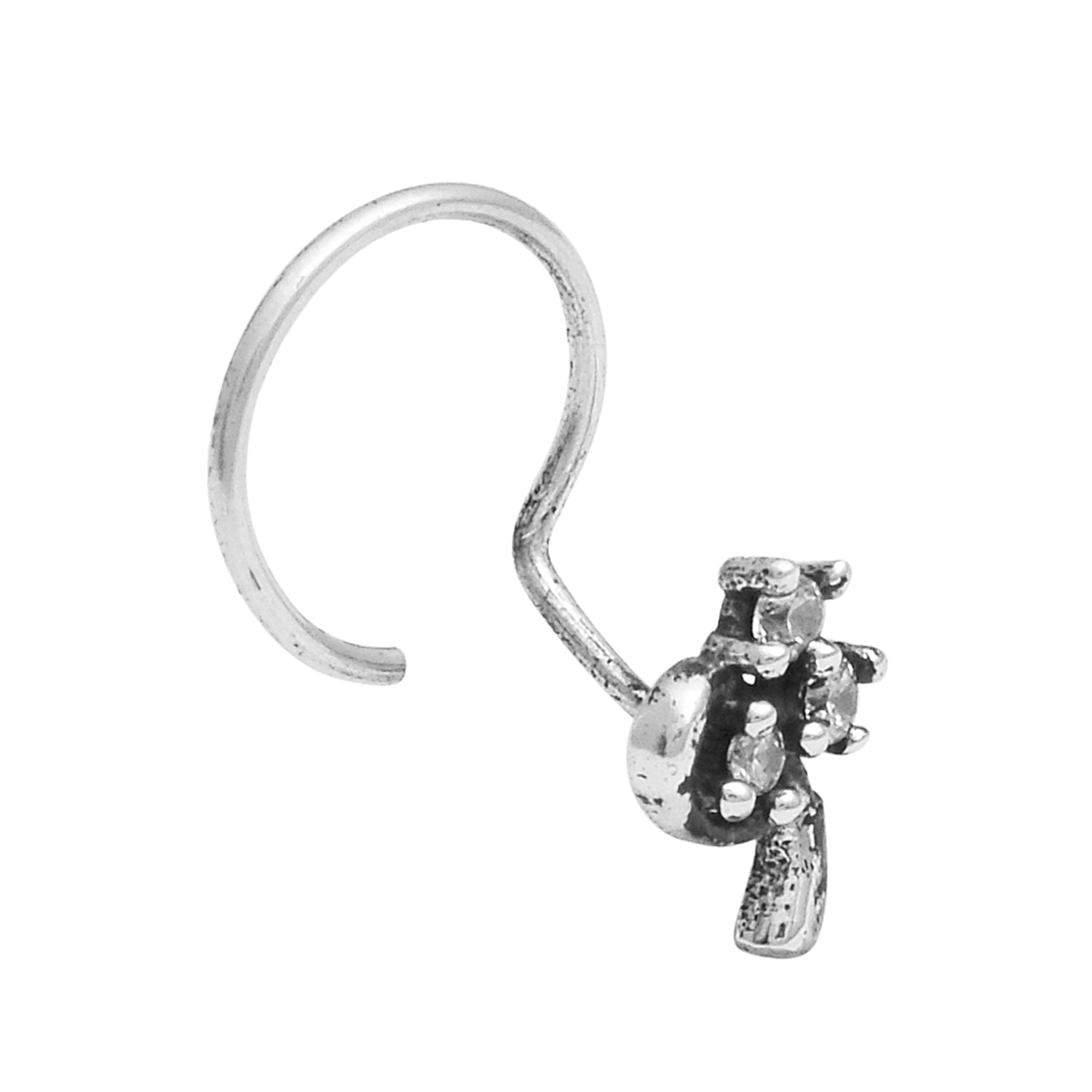White Gemstones Floral Curve Nose Pin - Sterling Silver