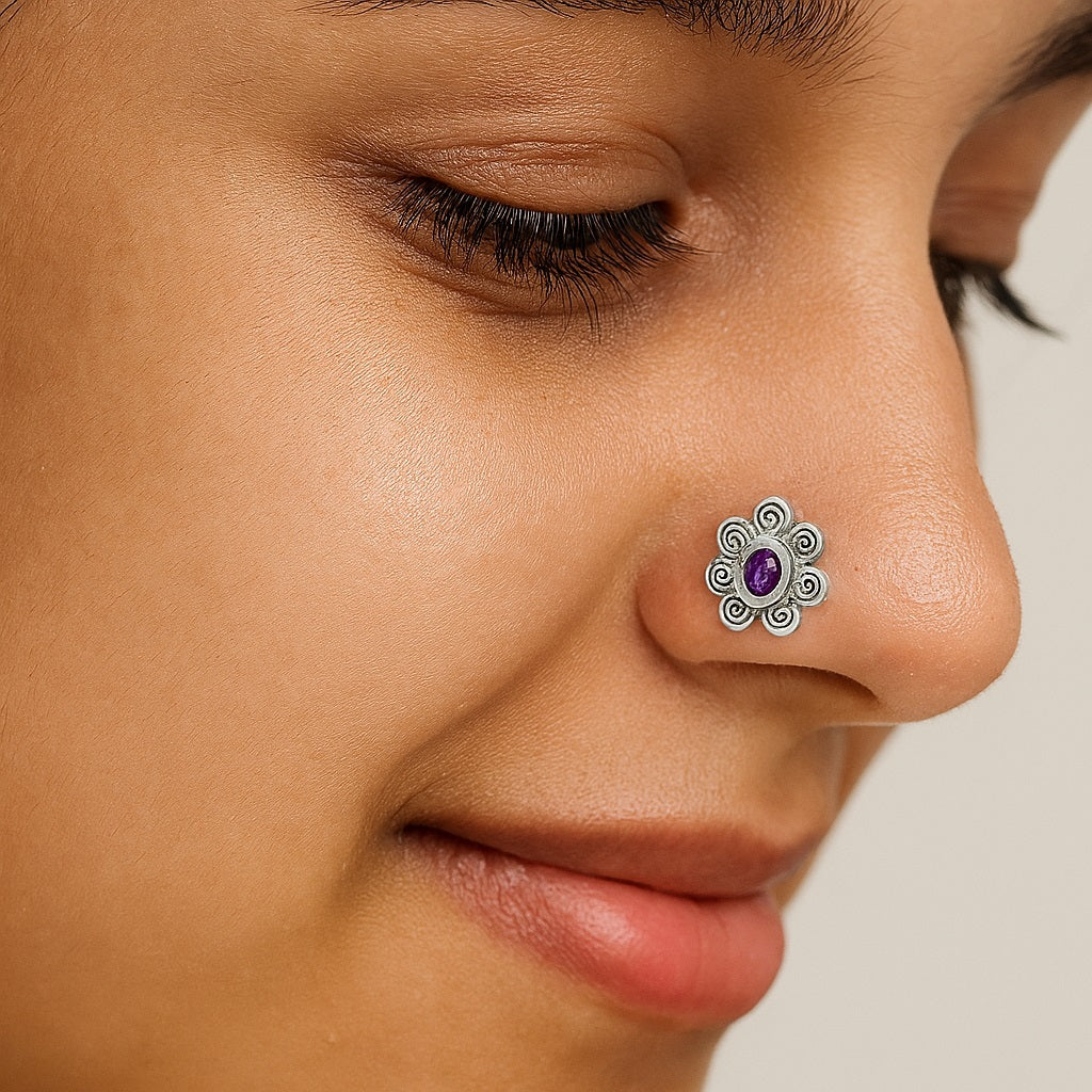 Purple Gemstone Vintage Floral Nose Pin- Sterling Silver