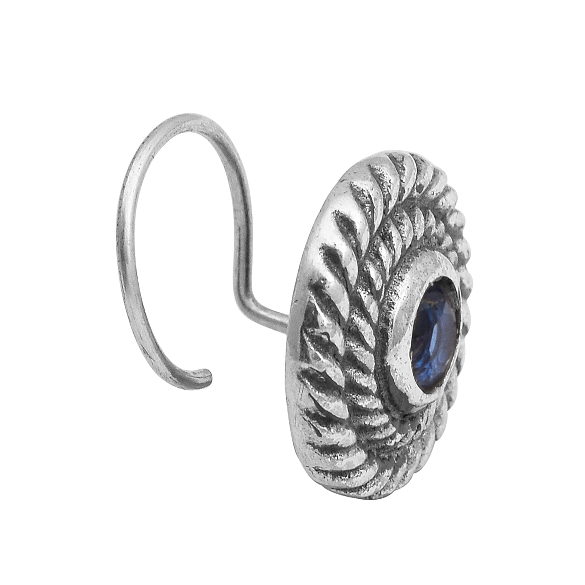 Spiral Design Blue Gemstone Accent Nose Pin - Sterling Silver