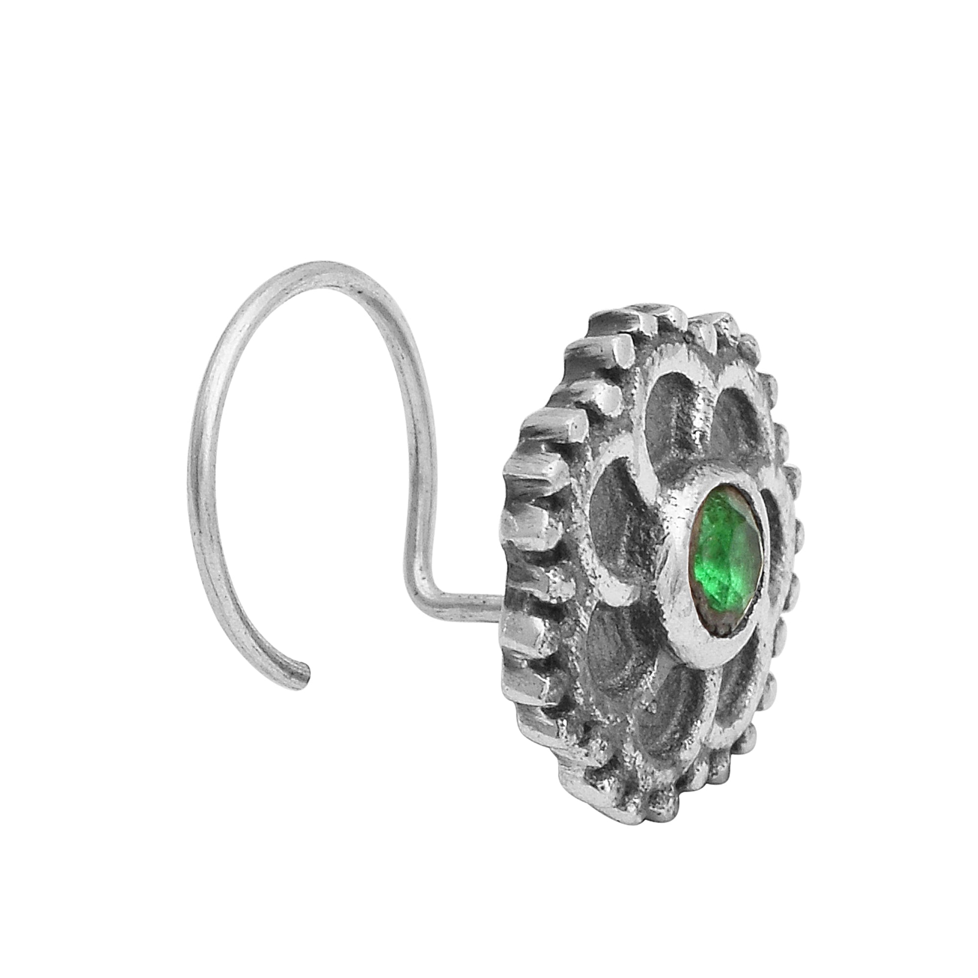 Floral Oxidized Spiral Design Green Stone Nose Pin - Sterling Silver