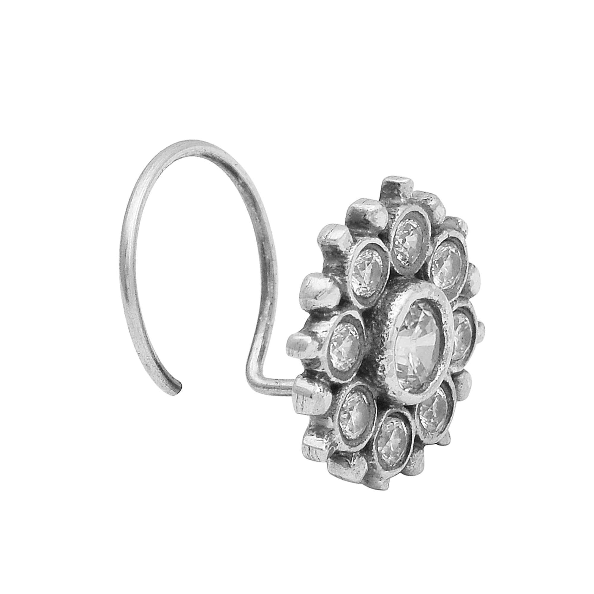 Floral Cluster Clear Stone Nose Pin - Sterling Silver
