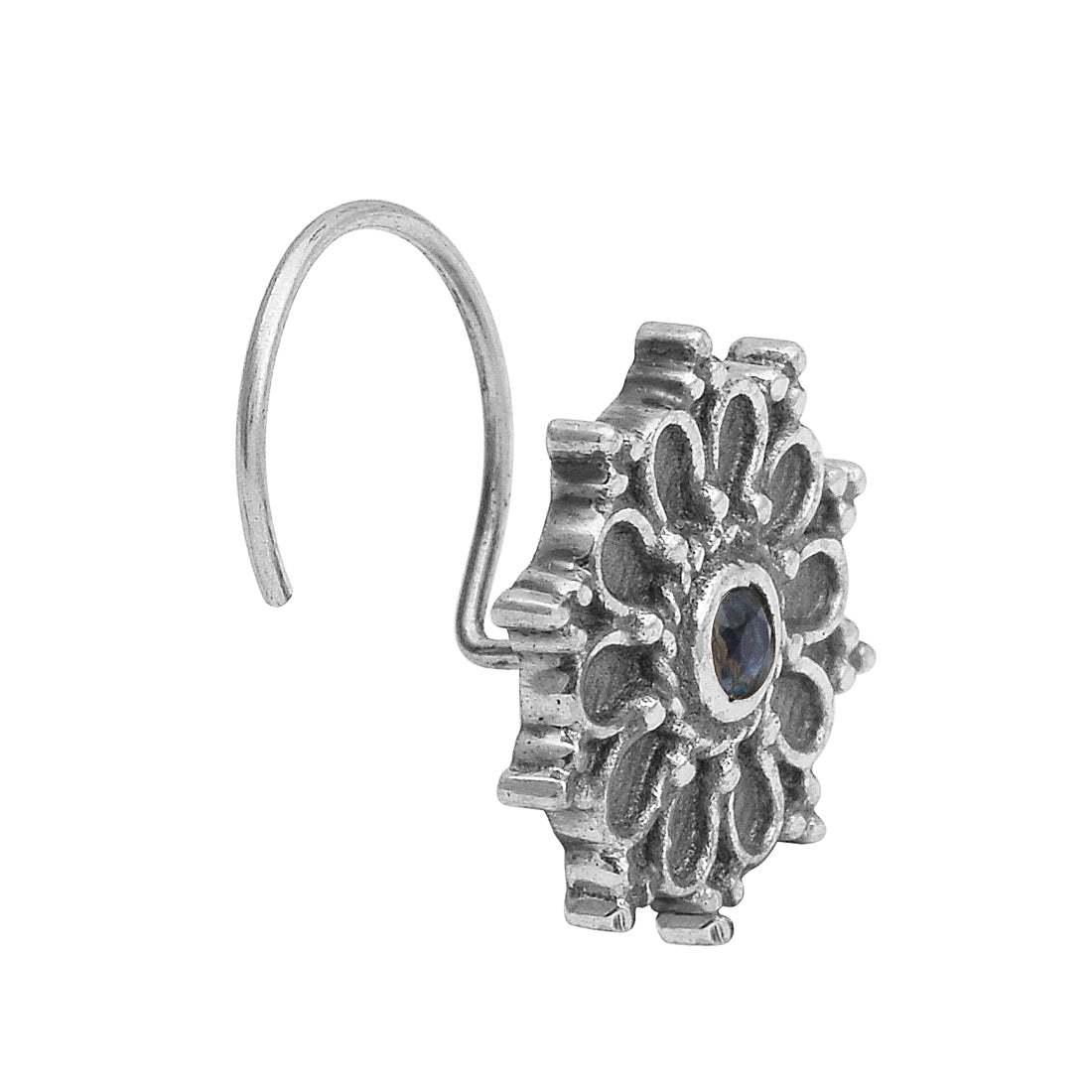 Perno da naso floreale con pietra blu e design a cerchio - Argento Sterling