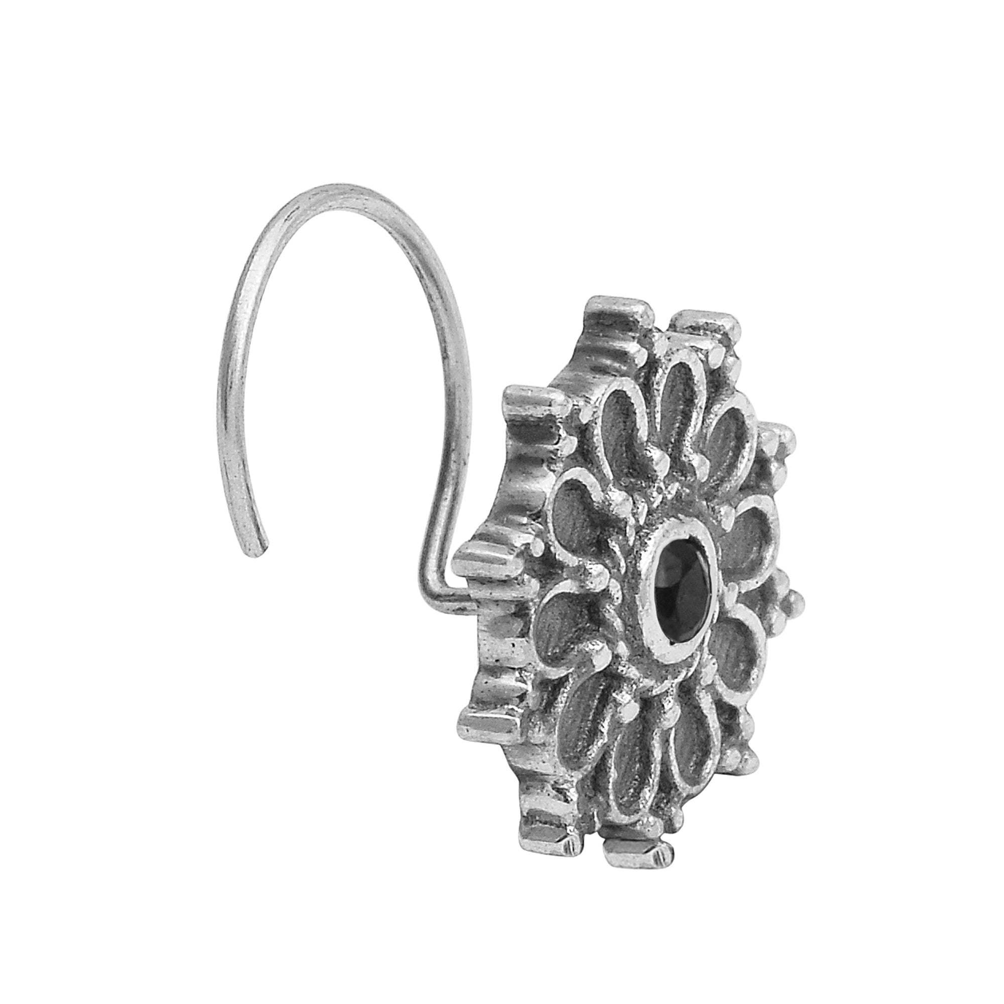 Perno da naso floreale con pietra nera e design a cerchio - Argento Sterling
