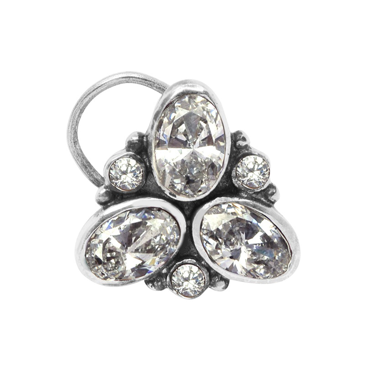 White Trio Gemstone Nose Pin – Sterling Silver