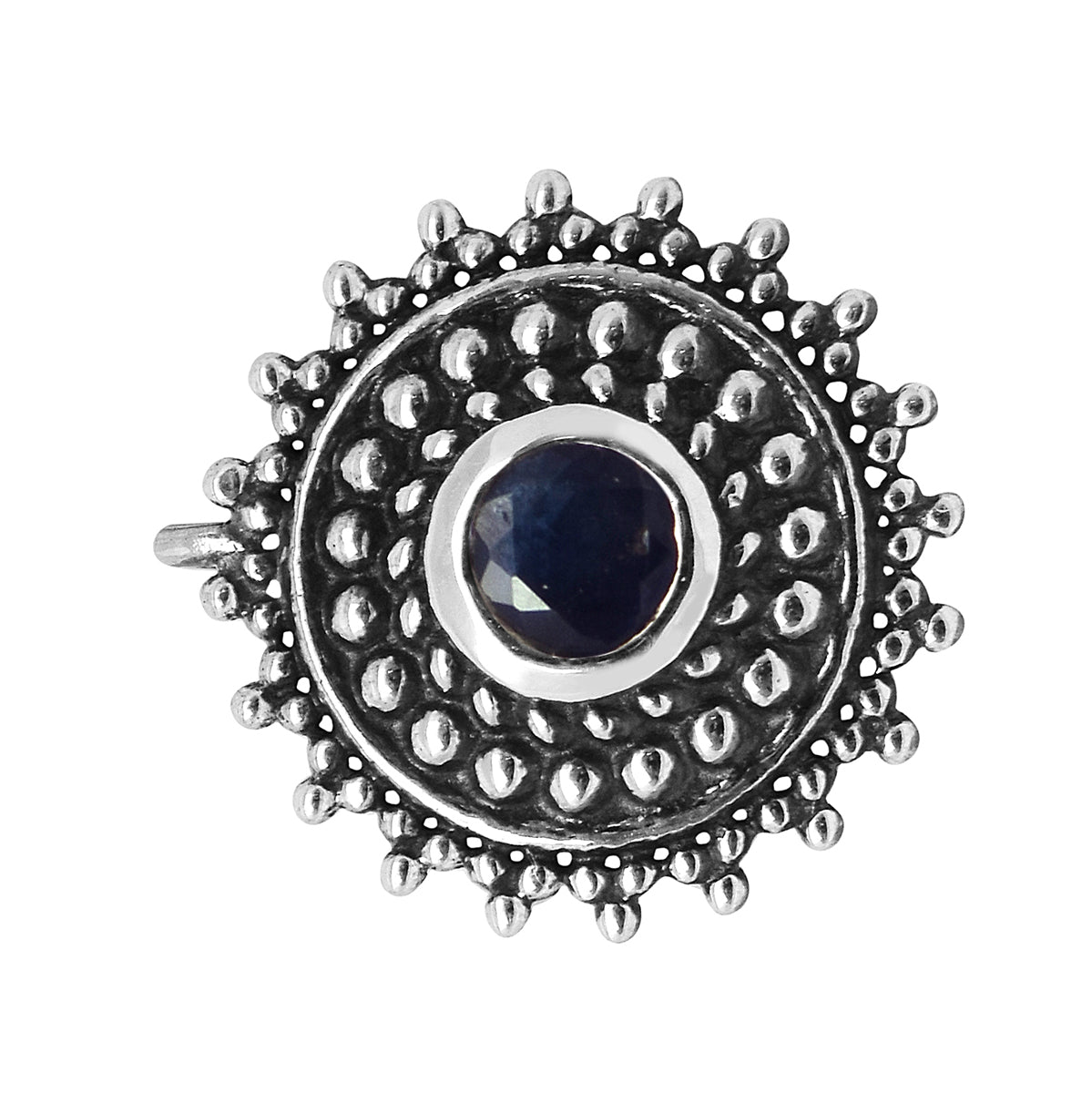 Blue Gemstone Round Sunburst Design Nose Pin - Sterling Silver