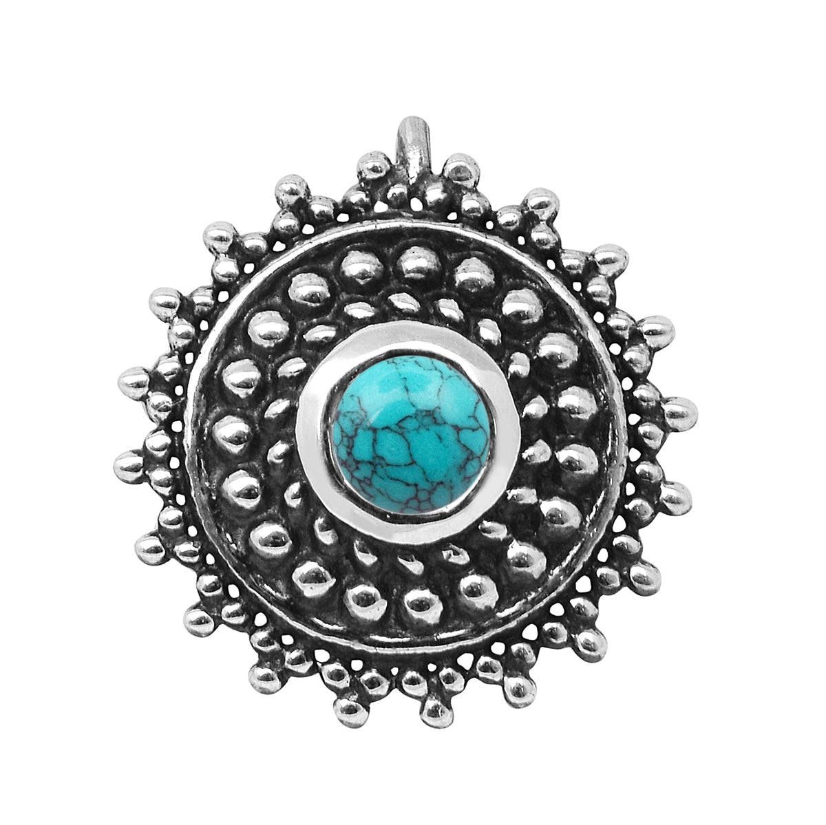Blue Turquoise Round Sunburst Design Nose Pin - Sterling Silver