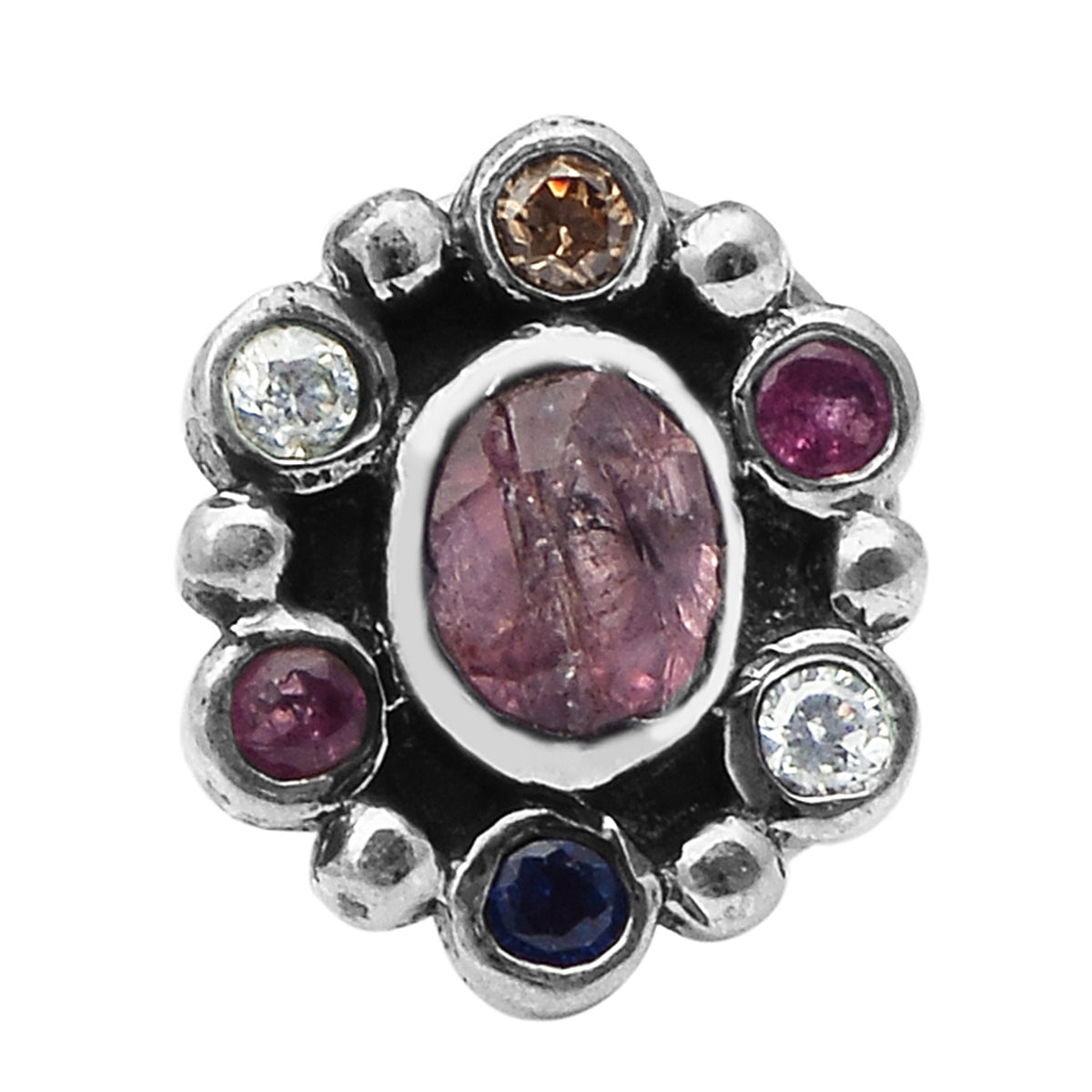Navratna Oval Pink Nose Pin - Sterling Silver