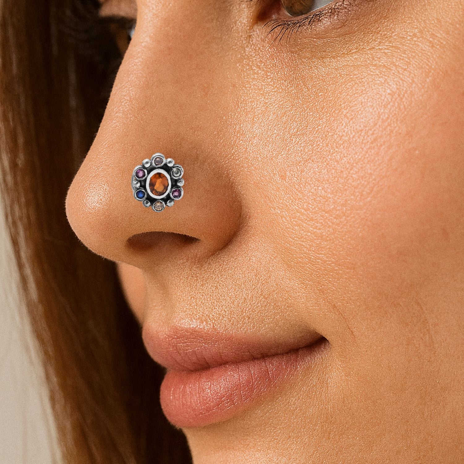 Multi stone Oval Cluster Design Nose Pin - Sterling Silver