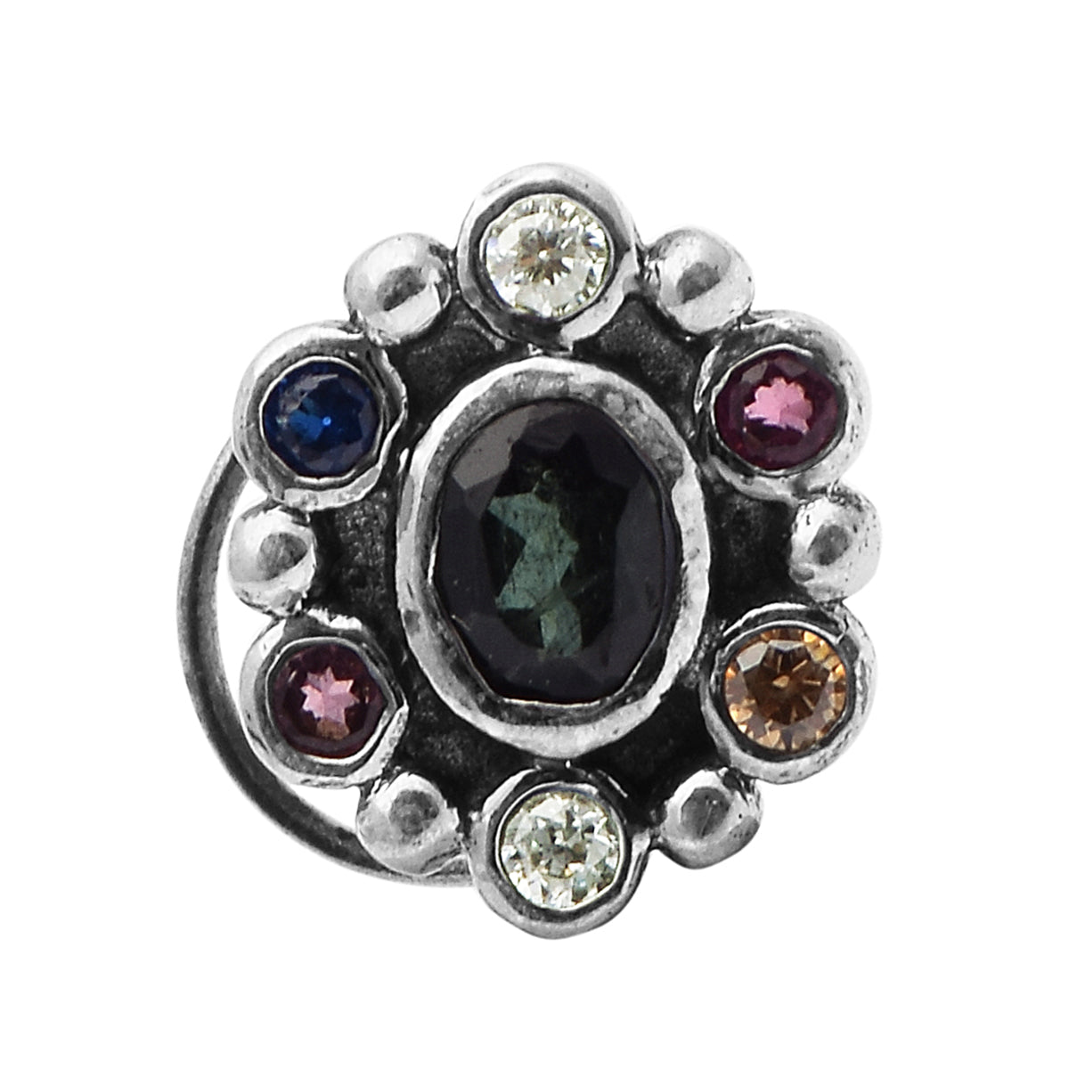 Navratna Oval Green Nose Pin - Sterling Silver