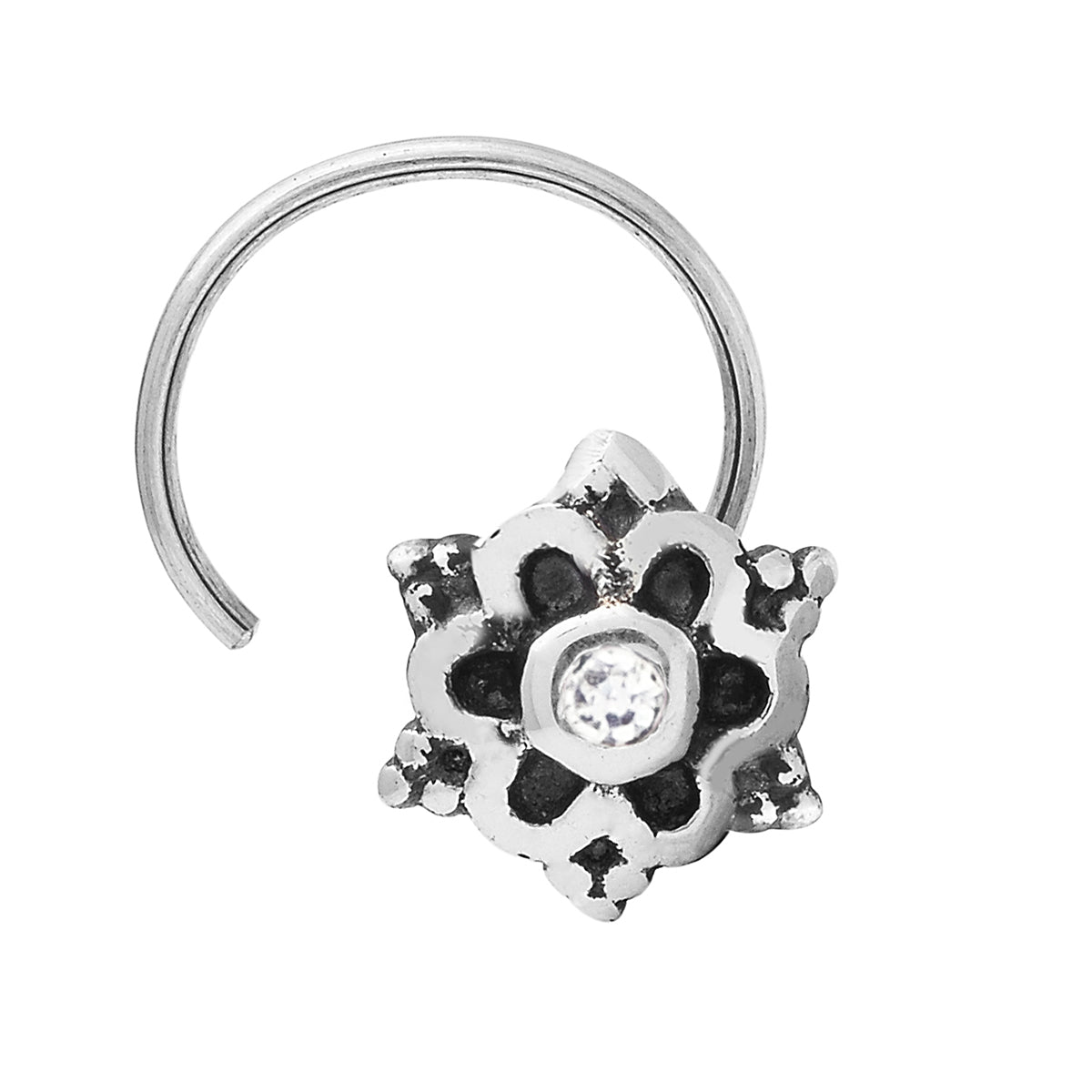 White Gemstone Floral Nose Pin - Sterling Silver