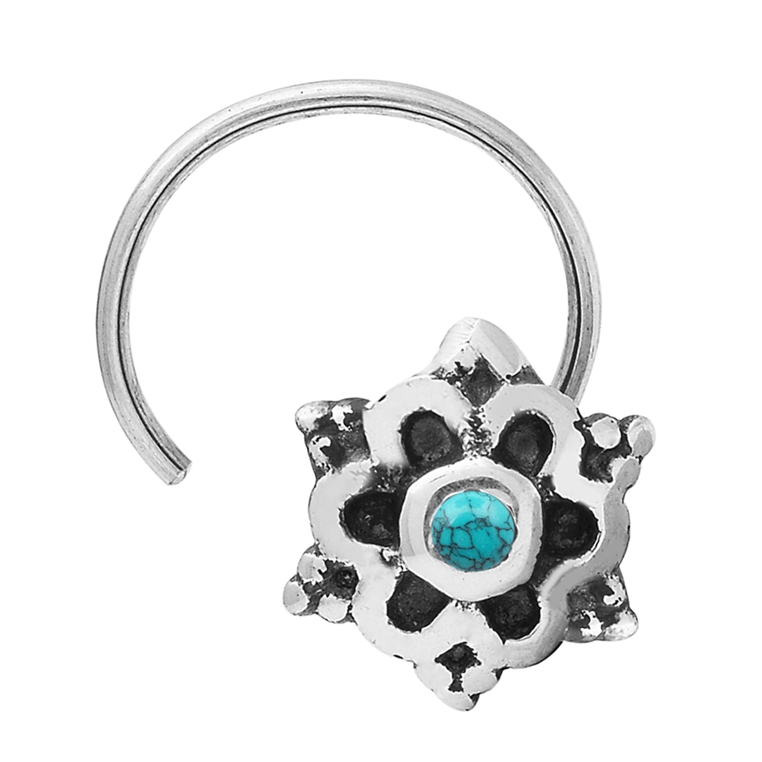Round Blue Turquoise Nose Pin - Sterling Silver