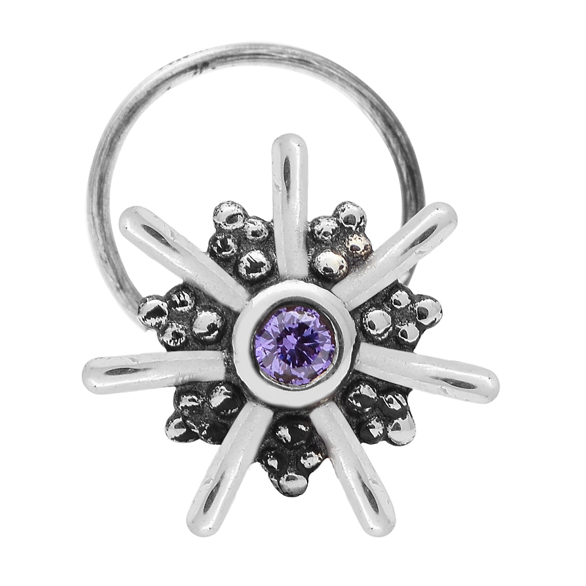 Blue Gemstone Floral Design Nose Pin – Sterling Silver