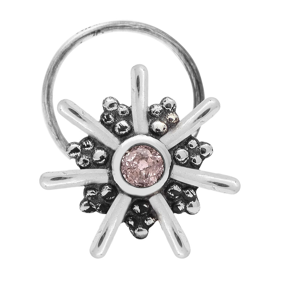 Pink Gemstone Floral Design Nose Pin – Sterling Silver