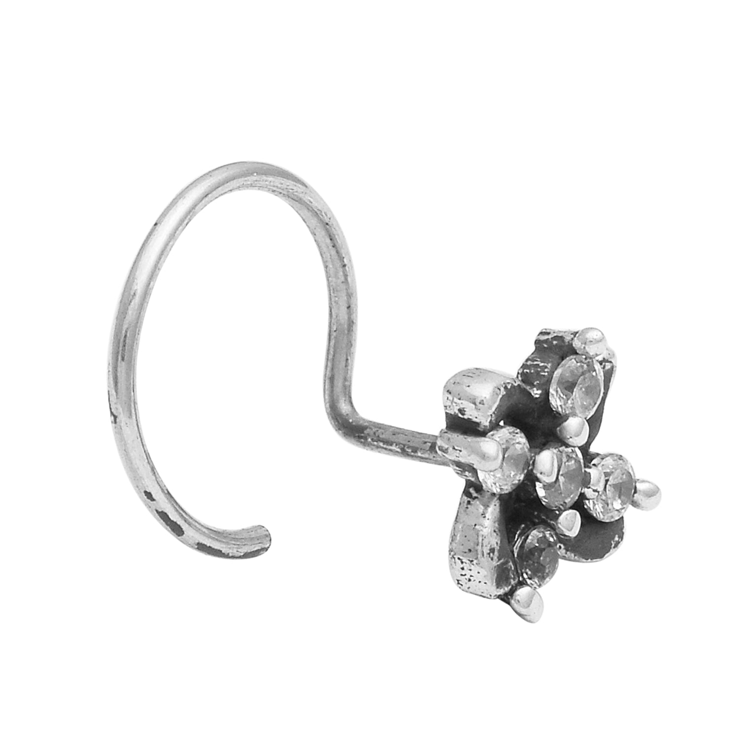 White CZ Twisted Floral Nose Pin - Sterling Silver