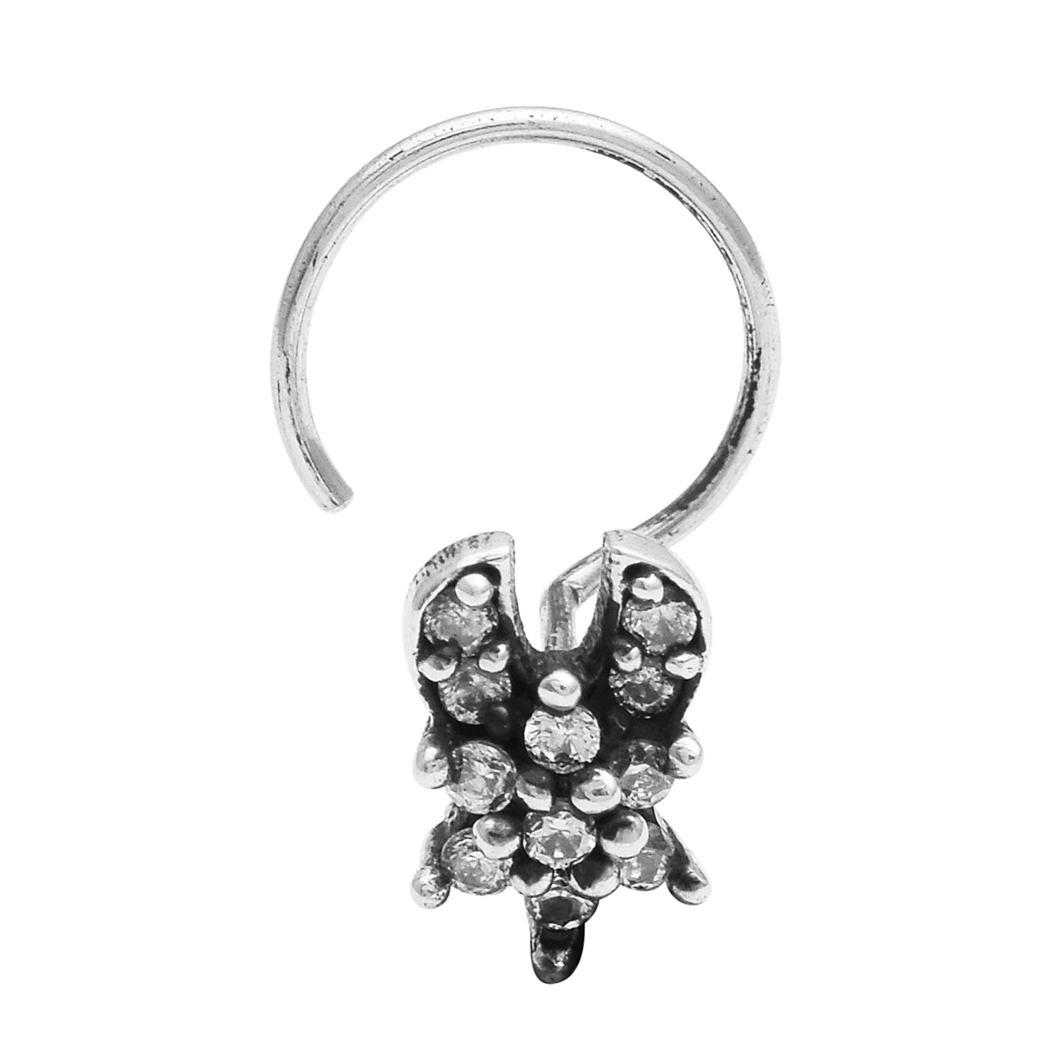 White Gemstone Leaf Cluster Floral Nose Pin - Sterling Silver