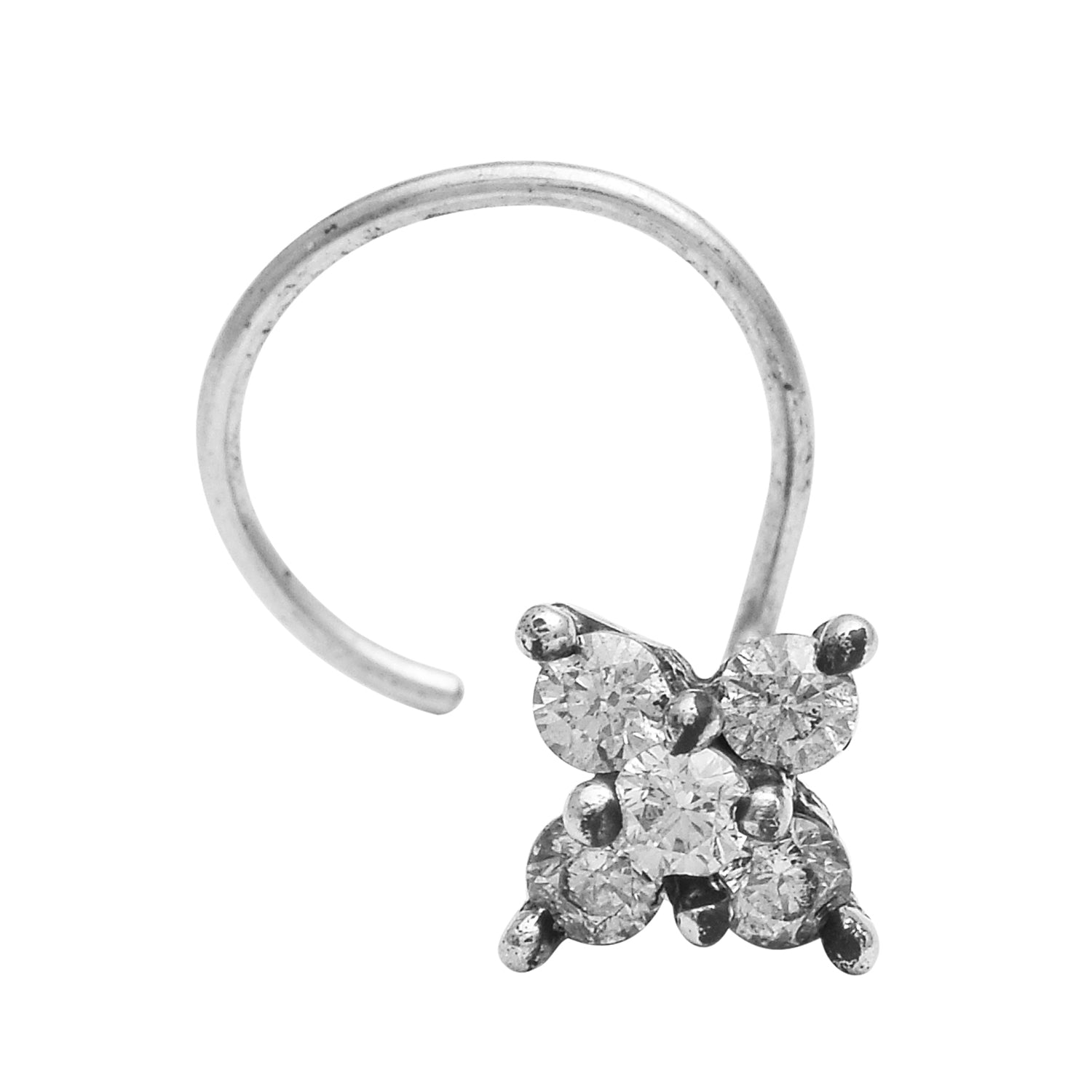 White Gemstones Minimal Floral Nose Pin - Sterling Silver