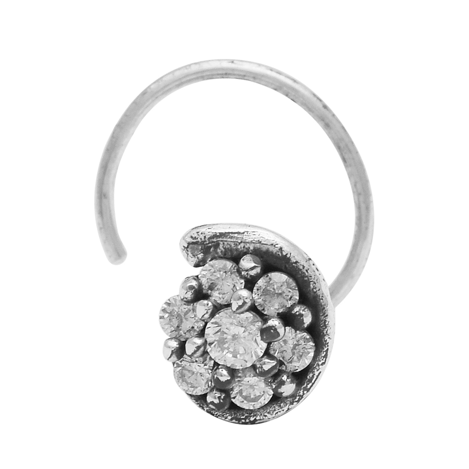 White Gemstone Cluster Swirl Design Nose Pin - Sterling Silver