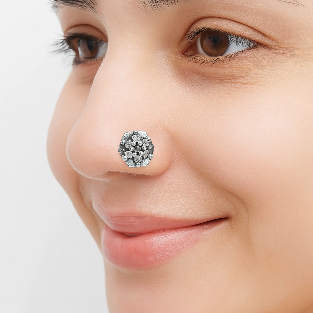 White Gemstone Hexagon Nose Pin - Sterling Silver