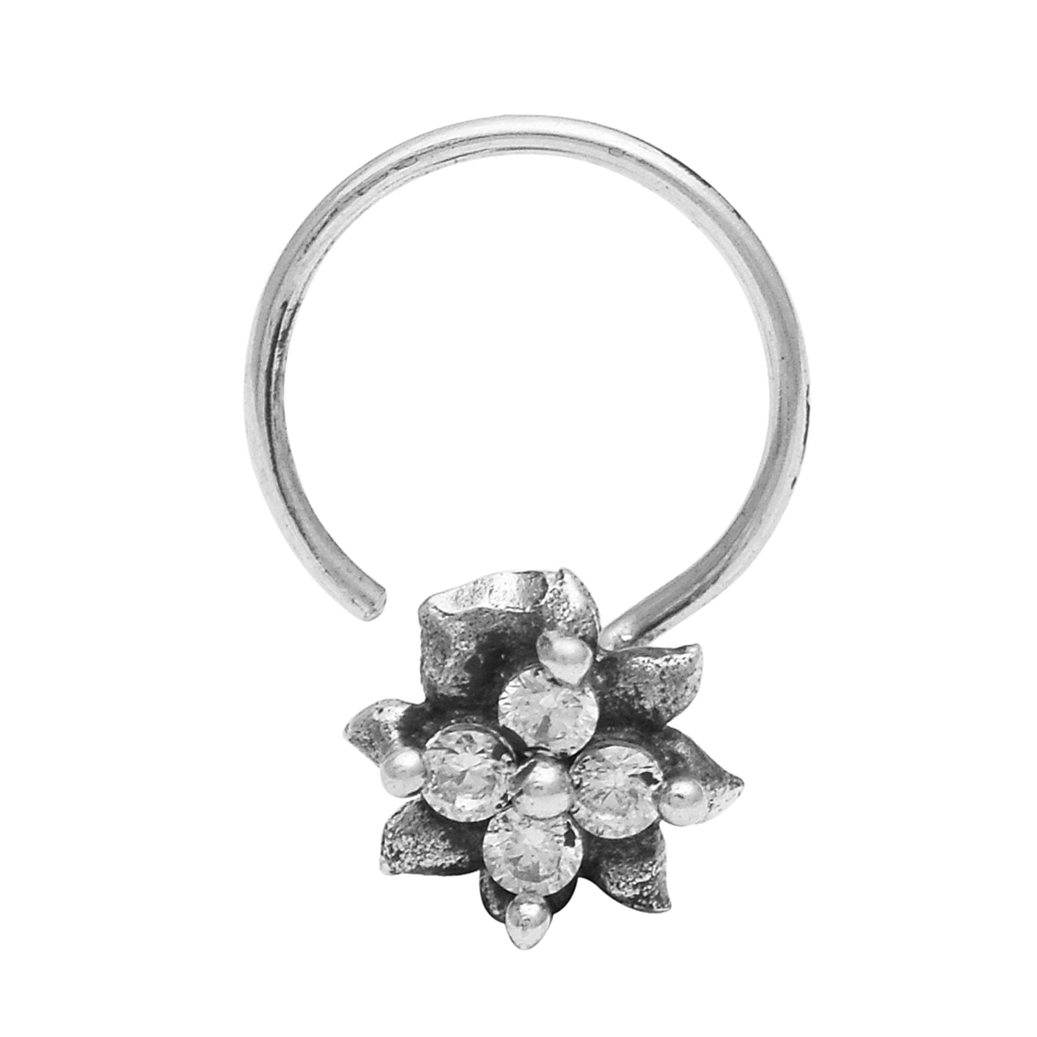 White Gemstone Floral Nose Pin - Sterling Silver