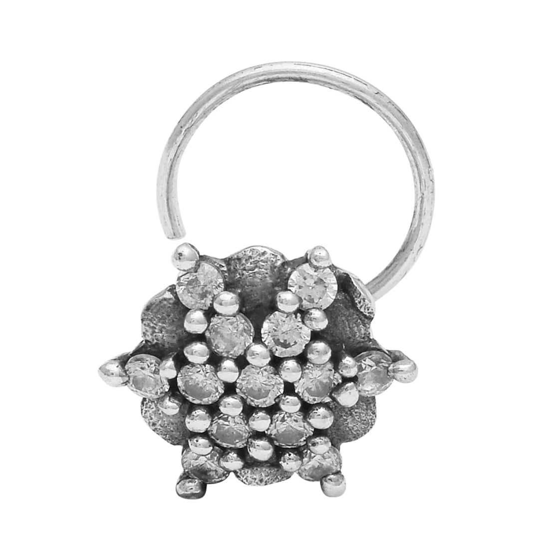 White Gemstone Floral Cluster Nose Pin - Sterling Silver