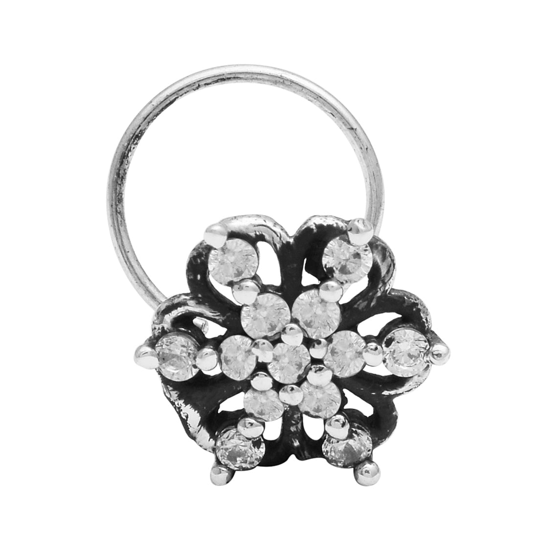 Floral Diamond Cluster Nose Pin - Sterling Silver