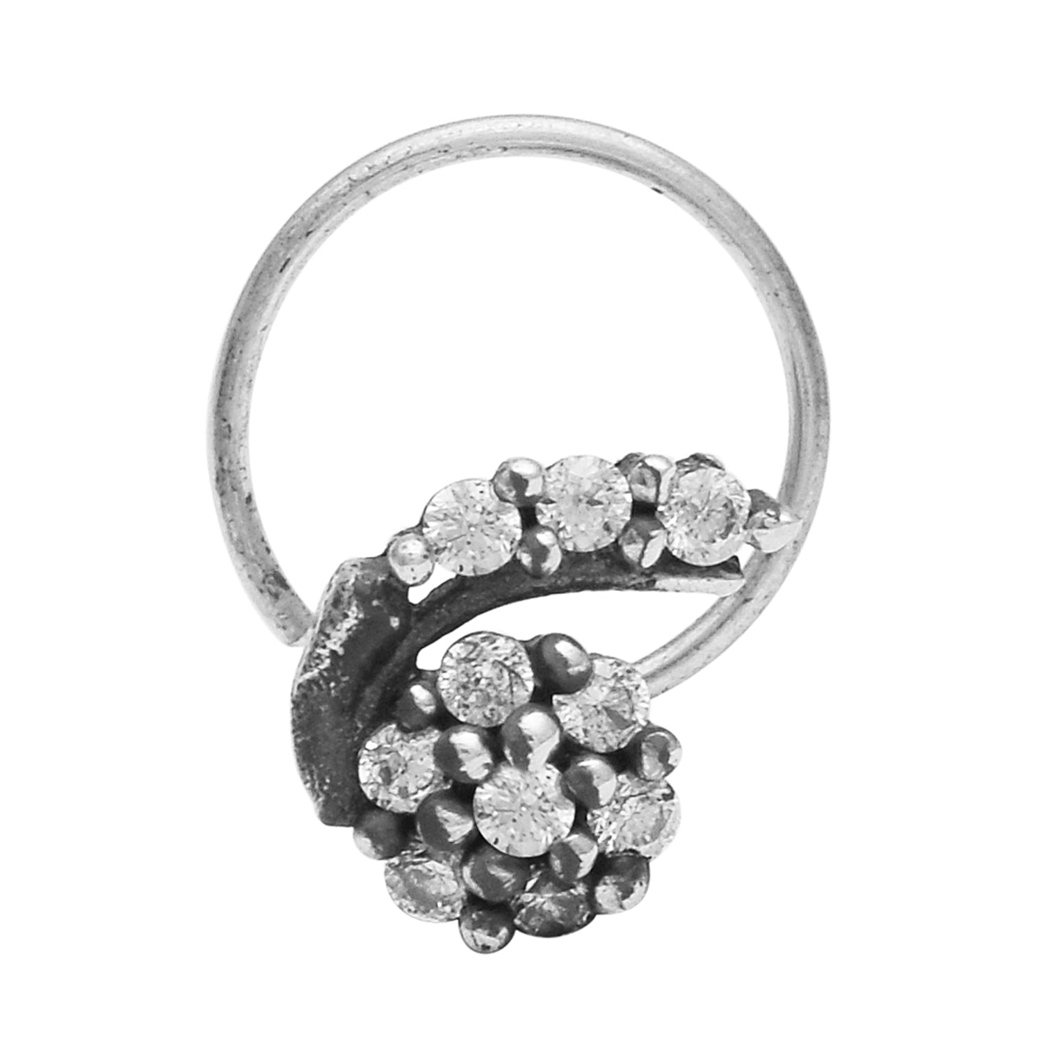 Curved Floral Diamond Nose Pin - Sterling Silver