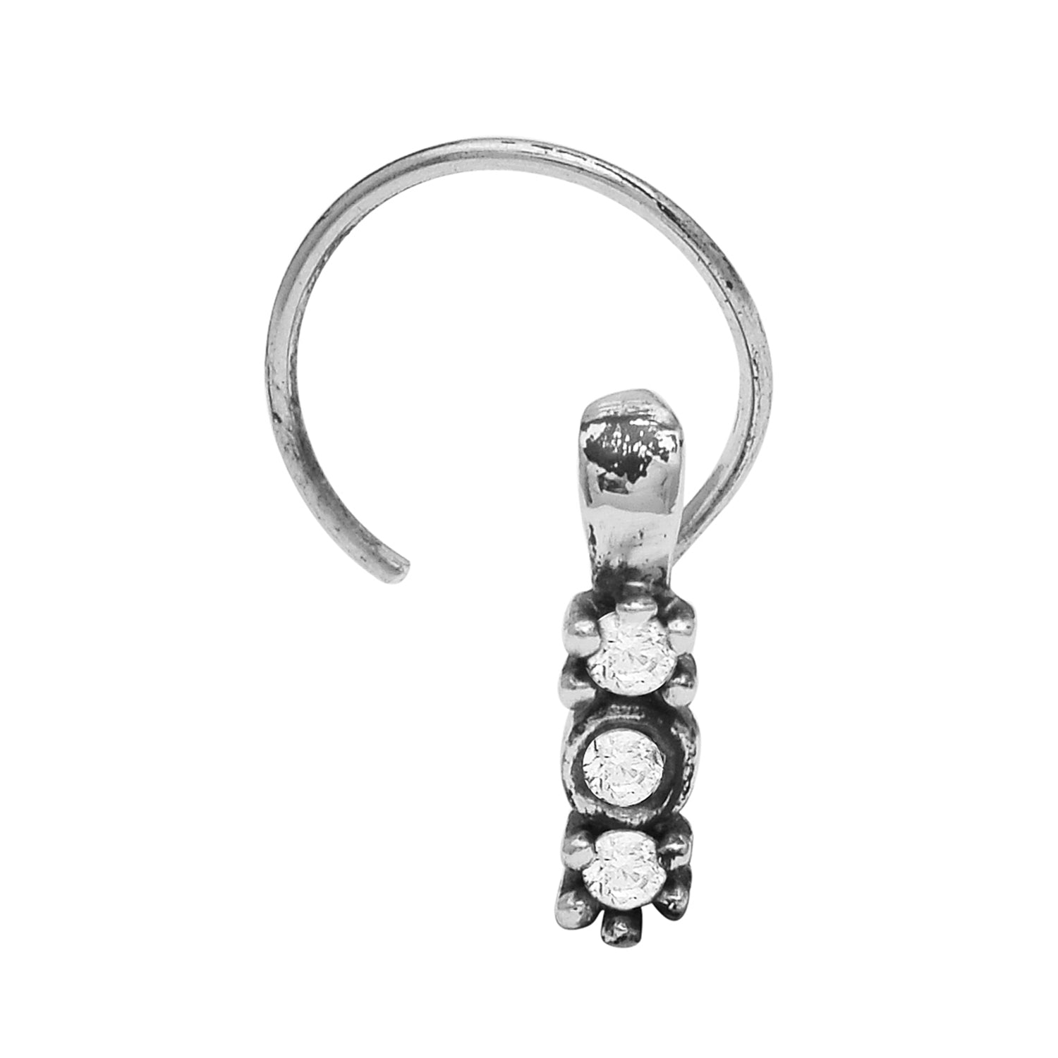White Gemstone Nose Pin Oxidized Vertical Drop - Sterling Silver