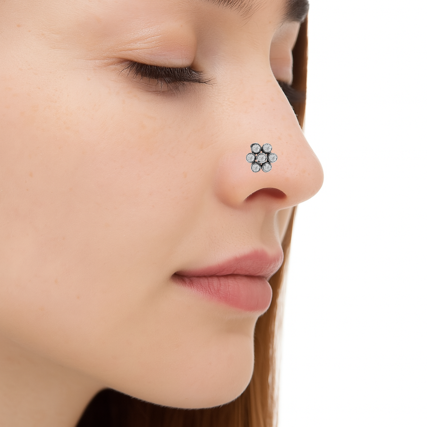 Oxidized Floral Nose Pin - Sterling Silver