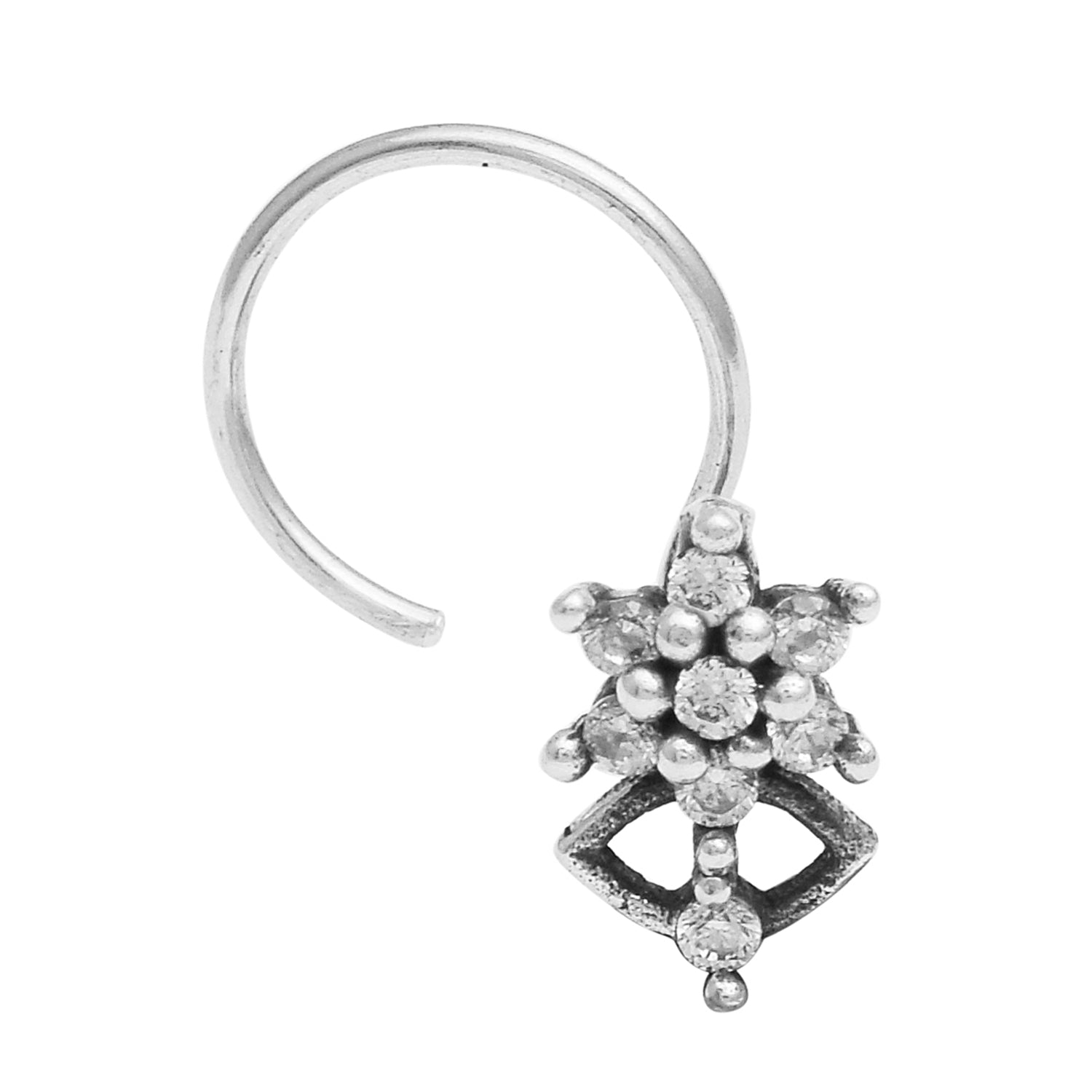Floral Cluster Drop Nose Pin - Sterling Silver