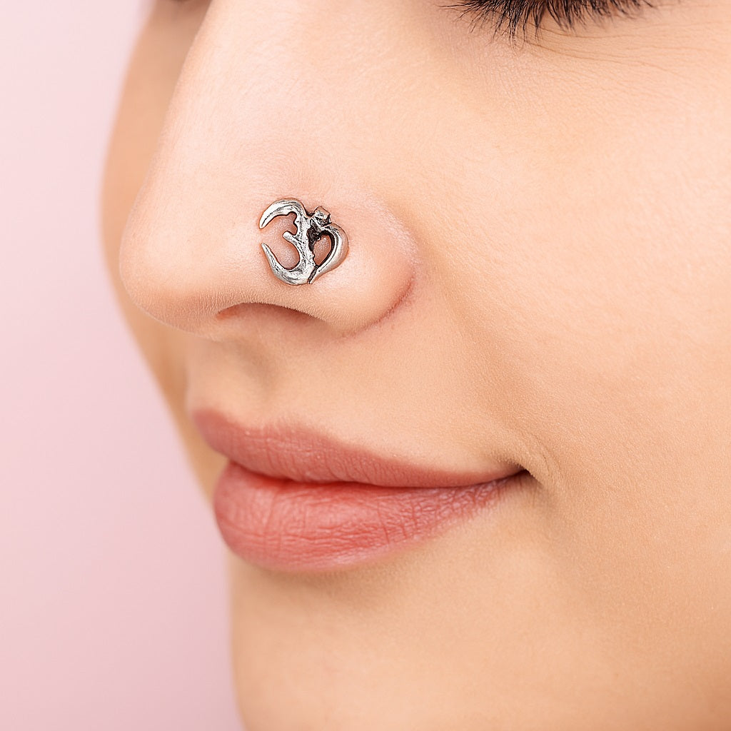 Om Oxidized Hindu Spiritual Design Nose Pin - Sterling Silver