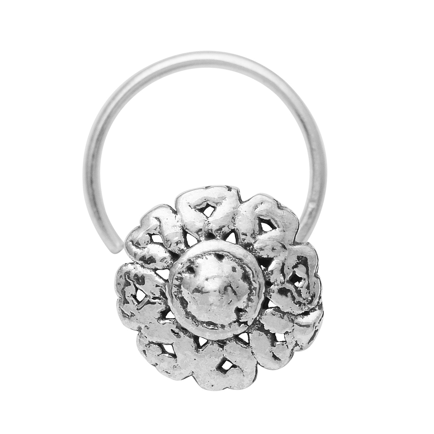 Oxidized Floral Nose Pin Antique Ethnic Design - Sterling Silver