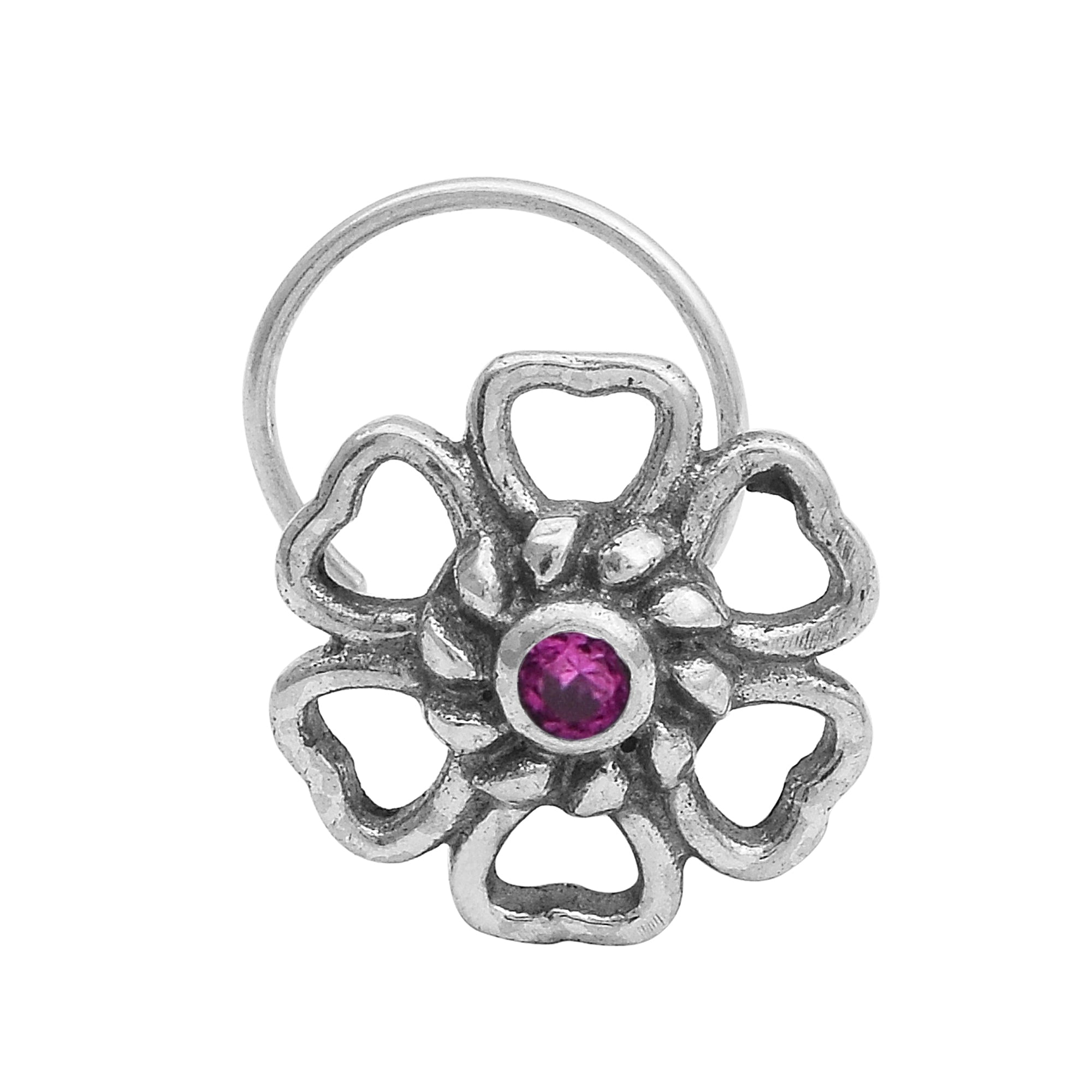 Pink Gemstone Floral Nose Pin - Sterling Silver
