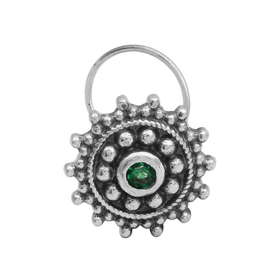 Round Green Stone Oxidized Nose Pin 925 Sterling Silver Traditional Nose Pin