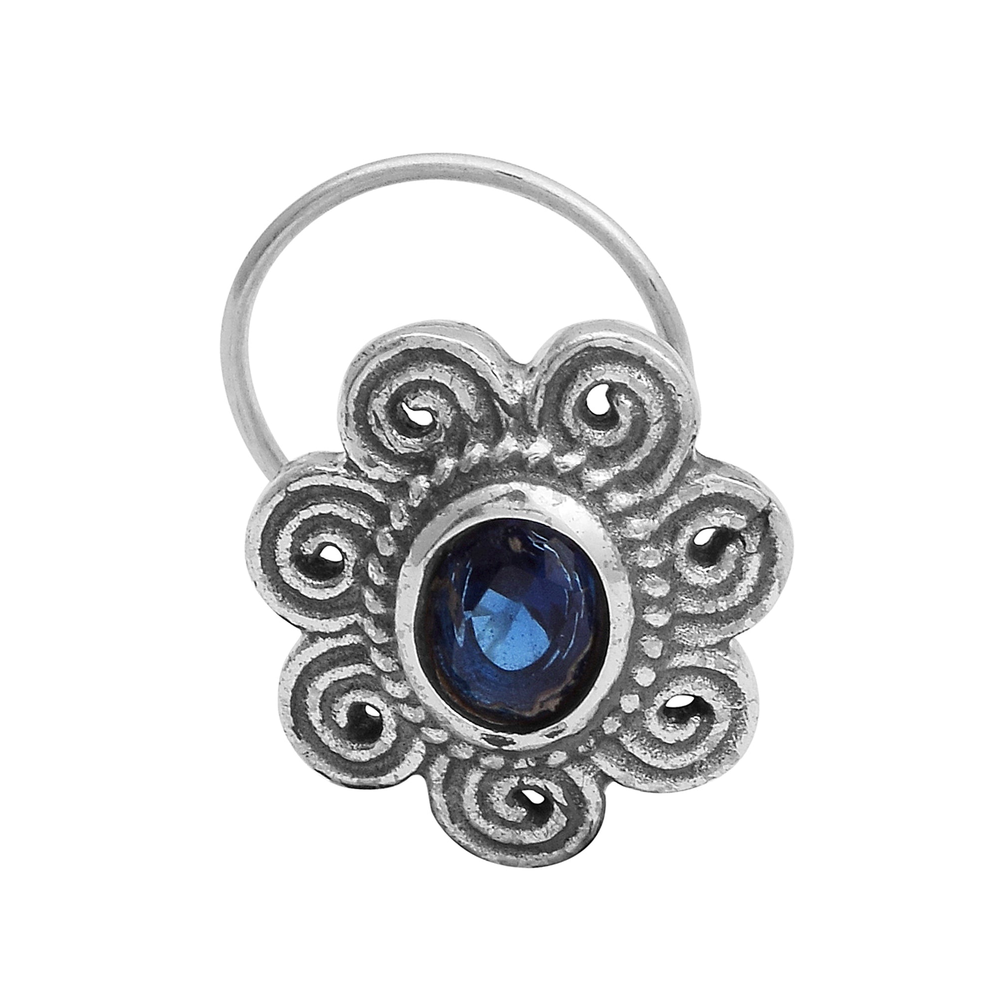 Blue Gemstone Floral Nose Pin - Sterling Silver