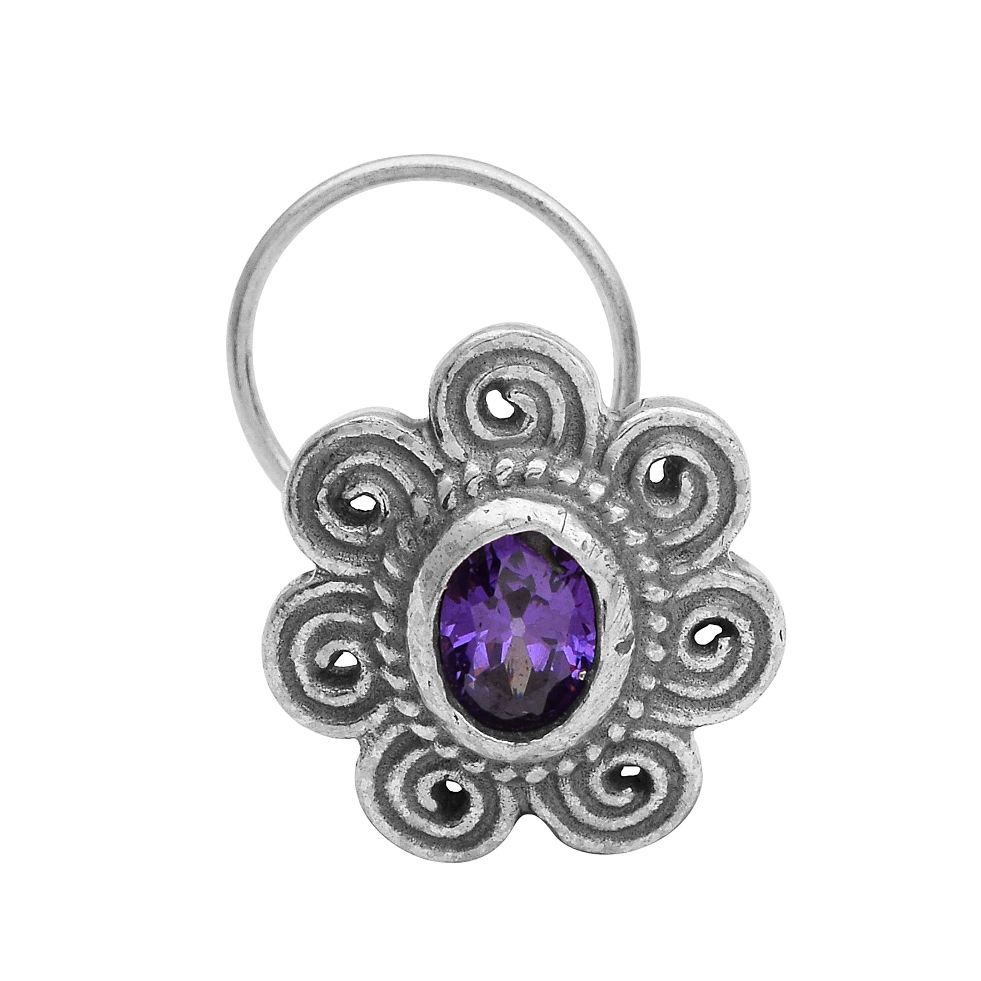 Purple Gemstone Vintage Floral Nose Pin- Sterling Silver