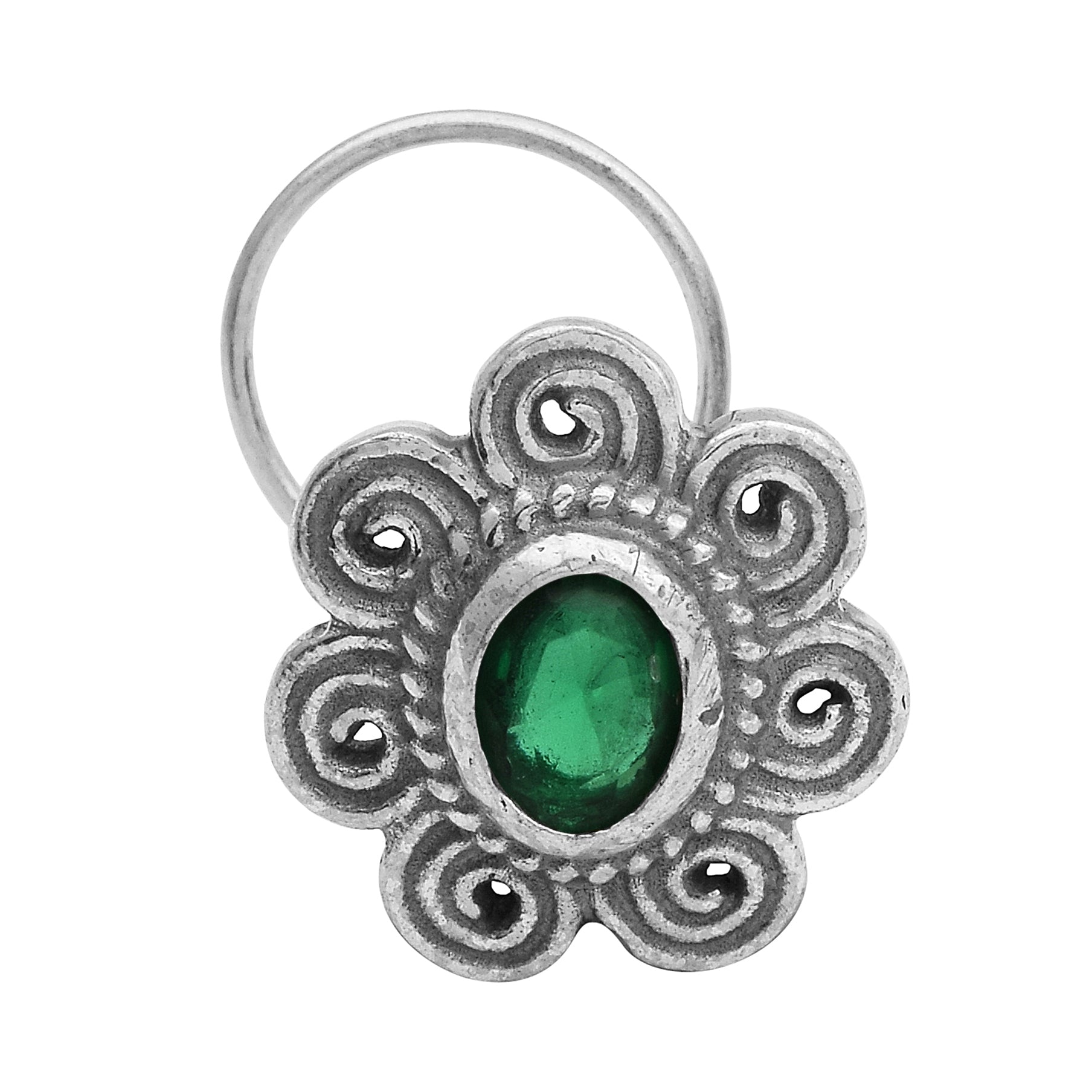 Spiral Floral Design Green Stone Nose Pin - Sterling Silver
